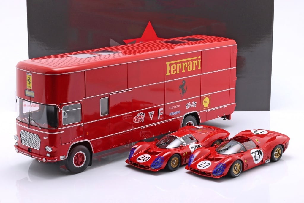 CMR Fiat OM 150 Rolfo Ferrari Race Car Transporter Red PLUS 2x Ferrari 330 P3 Bundle 1:18