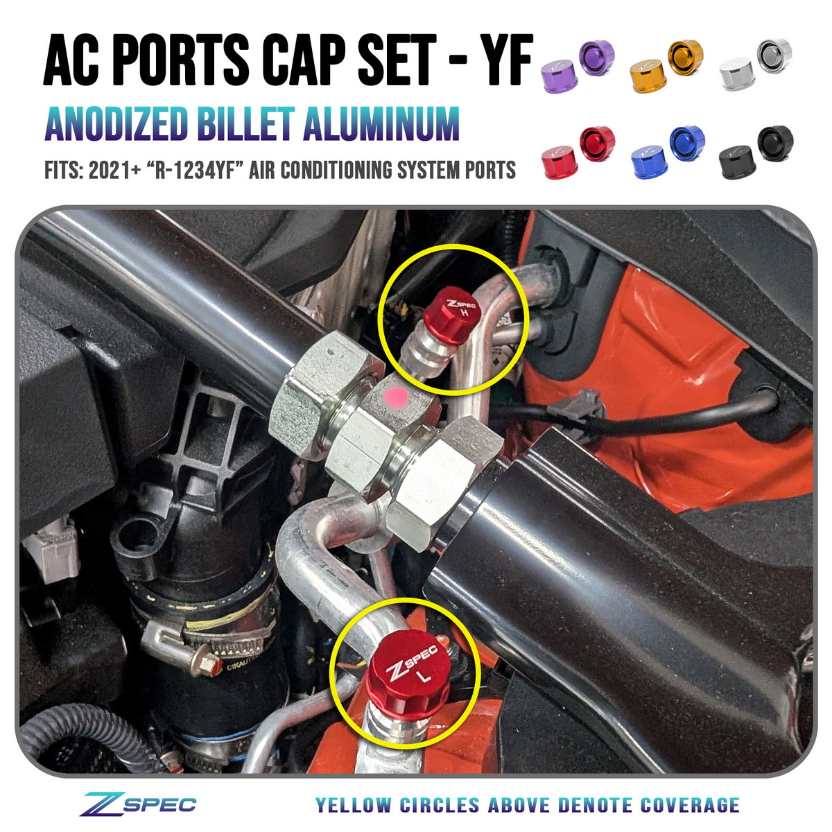 ZSPEC Billet AC Dress Up Caps Set, High & Low, for R-1234YF Systems