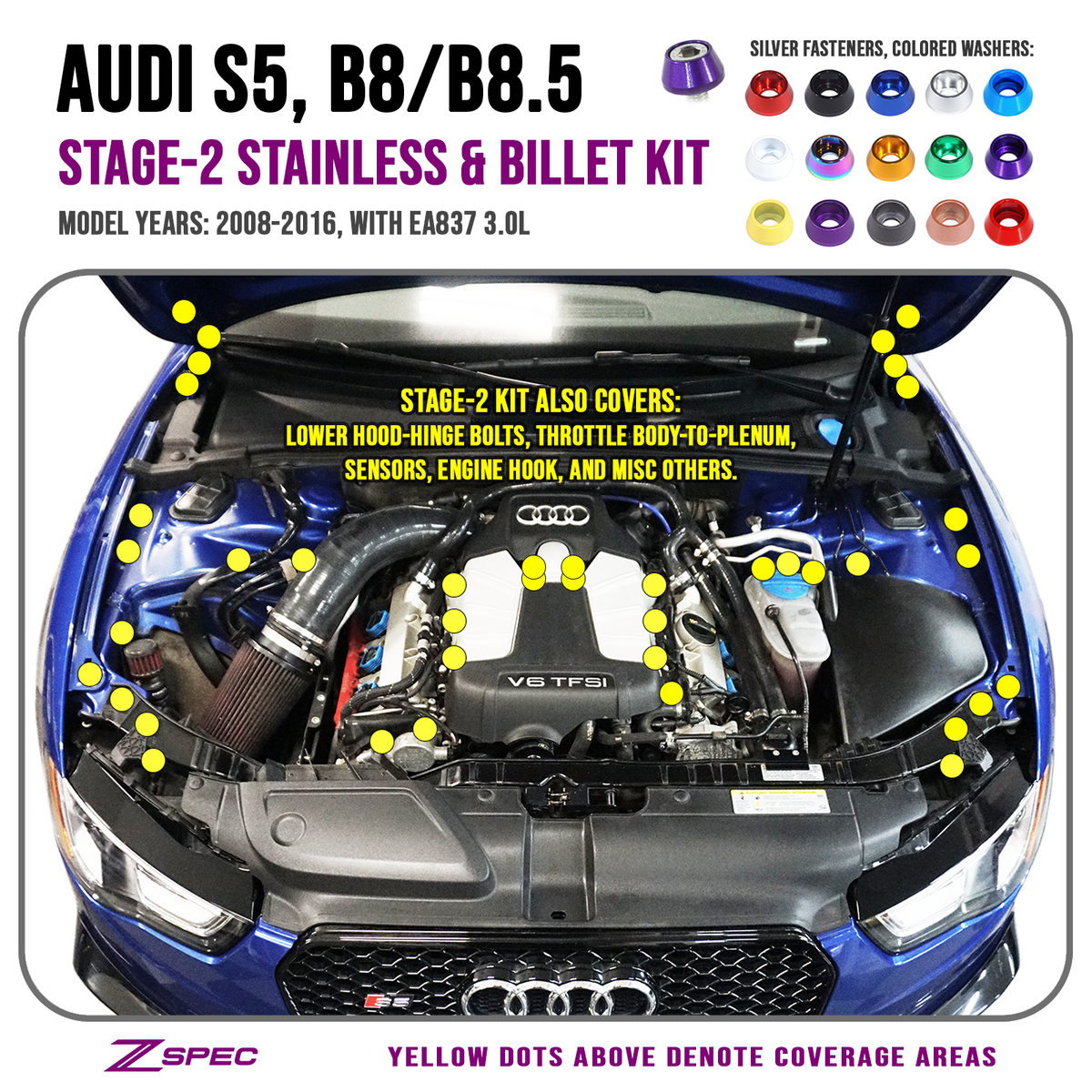 ZSPEC Stage-2 Dress Up Bolts® Fastener Kit for Audi S5 B8 3.0L, Stainless & Billet