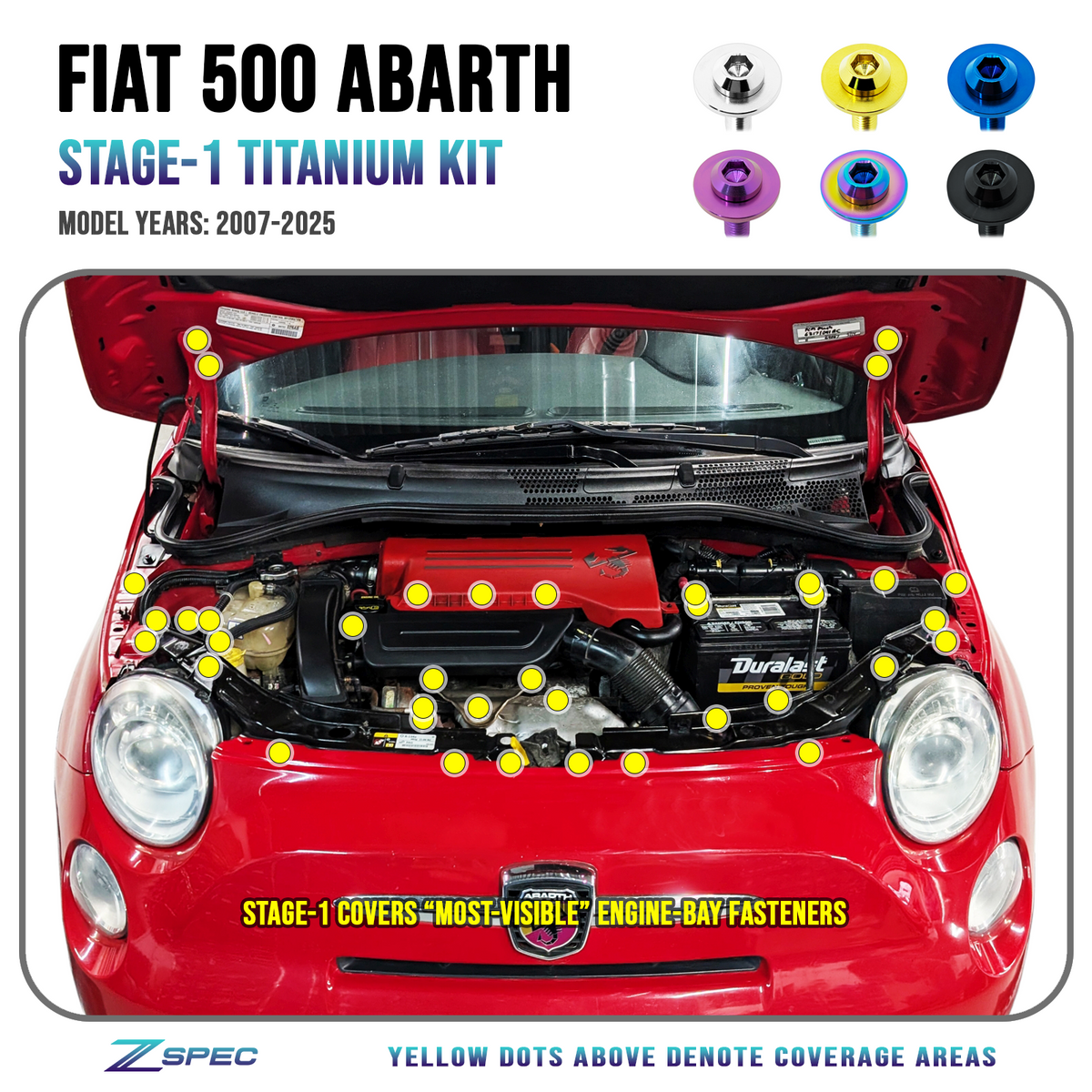 ZSPEC Stage-1 Dress Up Bolts Fastener Kit for the '07-25 Fiat 500 & Abarth