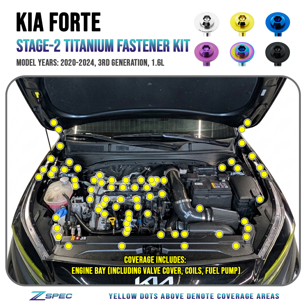 ZSPEC Stage-2 Fastener Kit for 2020-24 Kia Forte BD 1.6L, Titanium