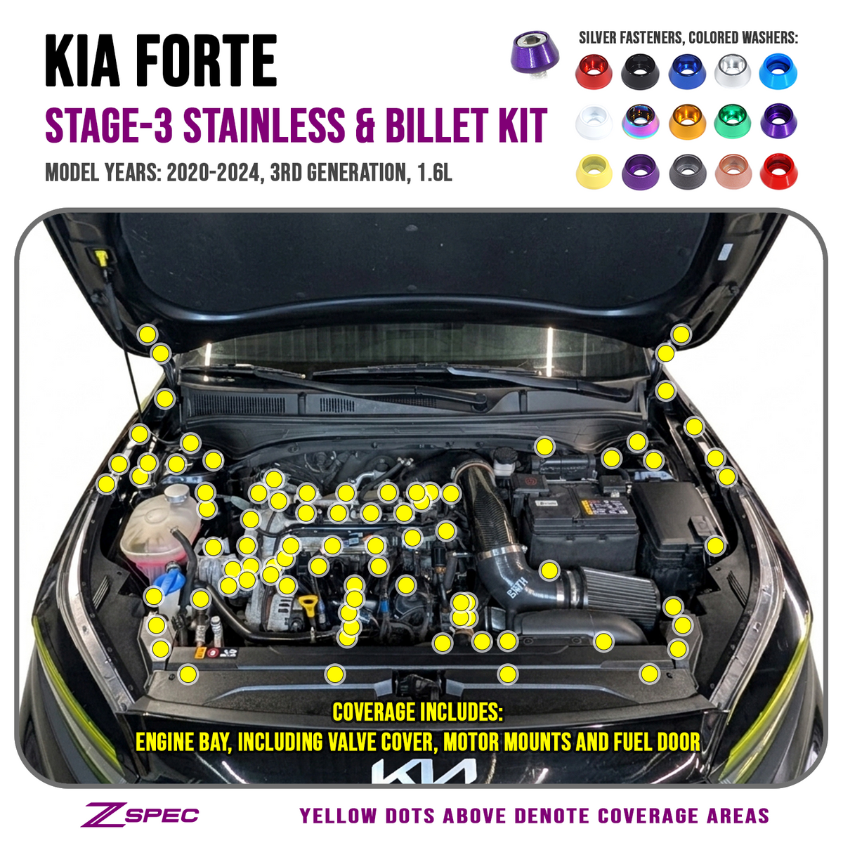 ZSPEC Stage-3 Fastener Kit for 2020-24 Kia Forte BD 1.6L, Stainless & Billet