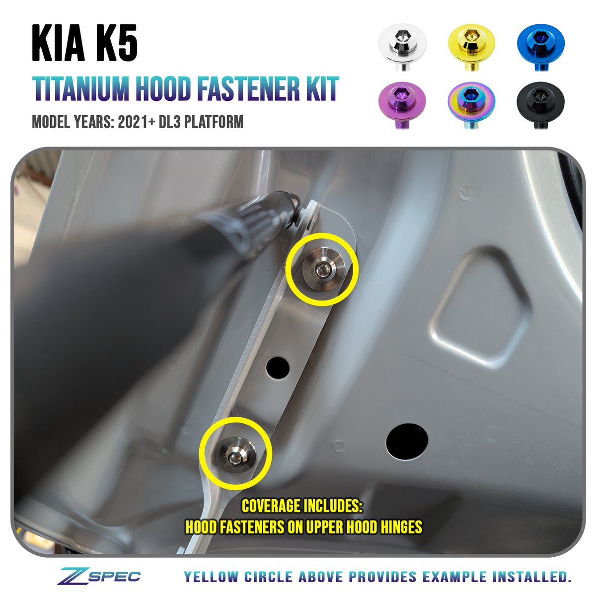ZSPEC Hood Fastener Kit for 2021+ Kia K5 Sedan (DL3), Titanium