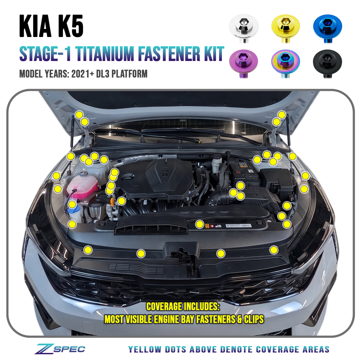 ZSPEC Stage-1 Fastener Kit for 2021+ Kia K5 Sedan (DL3), Titanium