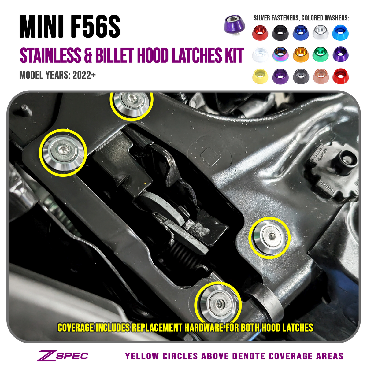 ZSPEC Hood Latches Fastener Kit, '22+ Mini Cooper F56s, Stainless & Billet