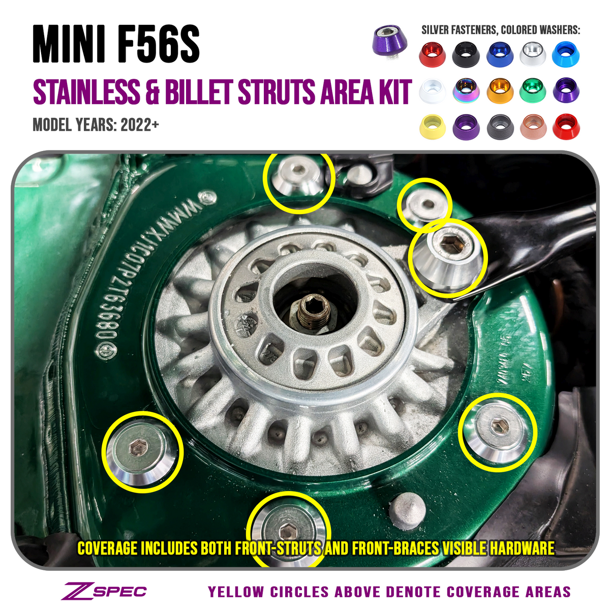 ZSPEC Struts & Strut-Braces Fasteners, '22+ Mini Cooper F56s, Stainless & Billet