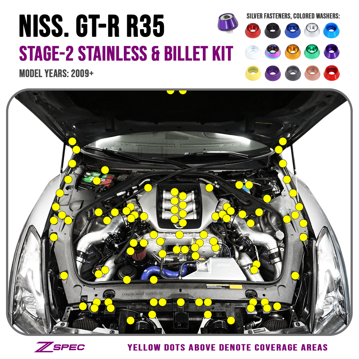 ZSPEC Stage-2 Dress Up Bolts® Fastener Kit for '09-23 Nissan GTR (R35), Stainless & Billet