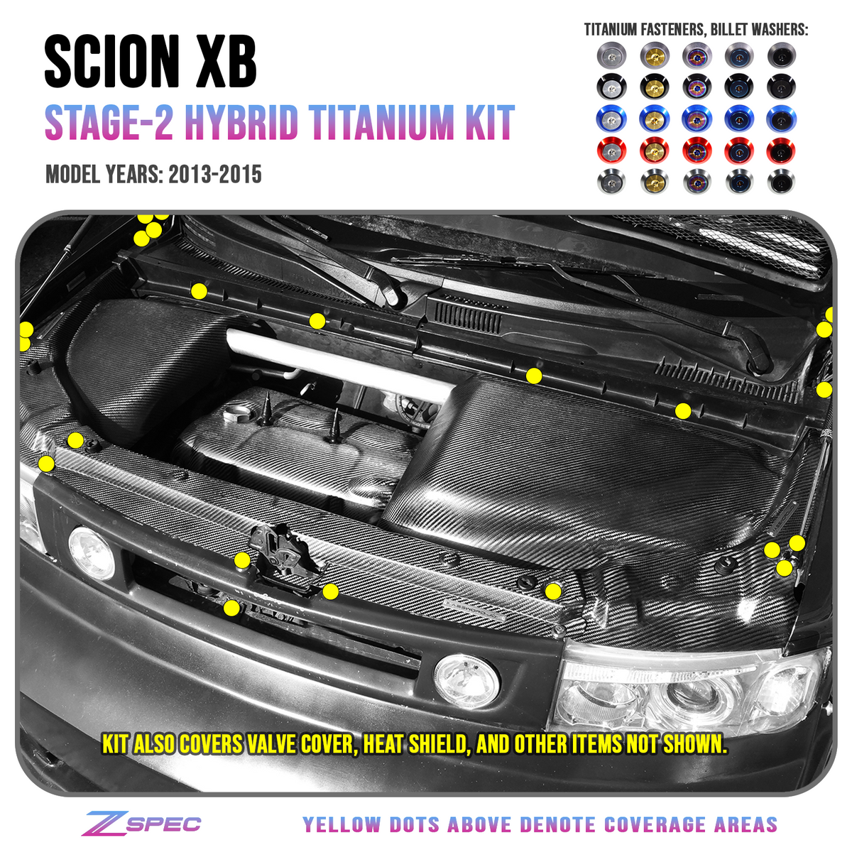 ZSPEC Stage-3 Dress Up Bolts® Fastener Kit for '03-15 Scion xB, Titanium & Billet
