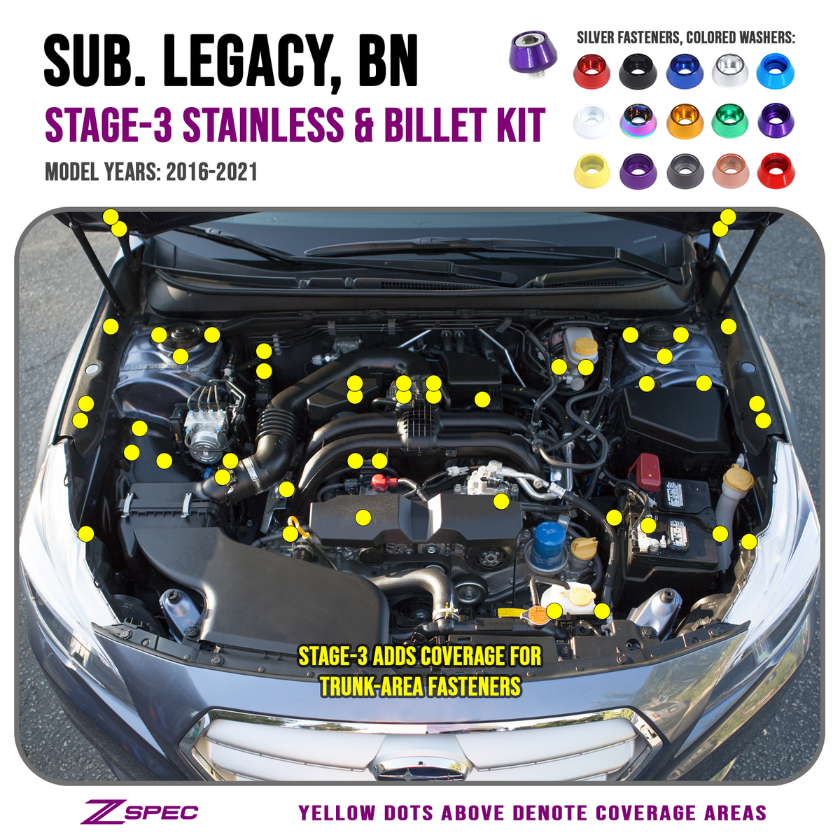 ZSPEC Stage-3 Dress Up Bolts® Fastener Kit for '16-21 Subaru Legacy 3.6L, Stainless & Billet