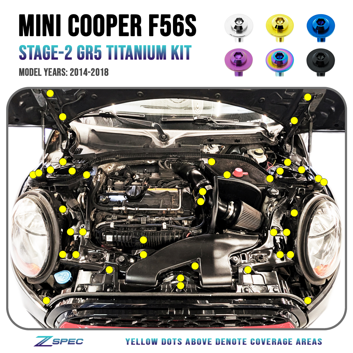 ZSPEC Stage-2 Dress Up Bolts® Fastener Kit, '14-21 Mini Cooper F56s, Titanium
