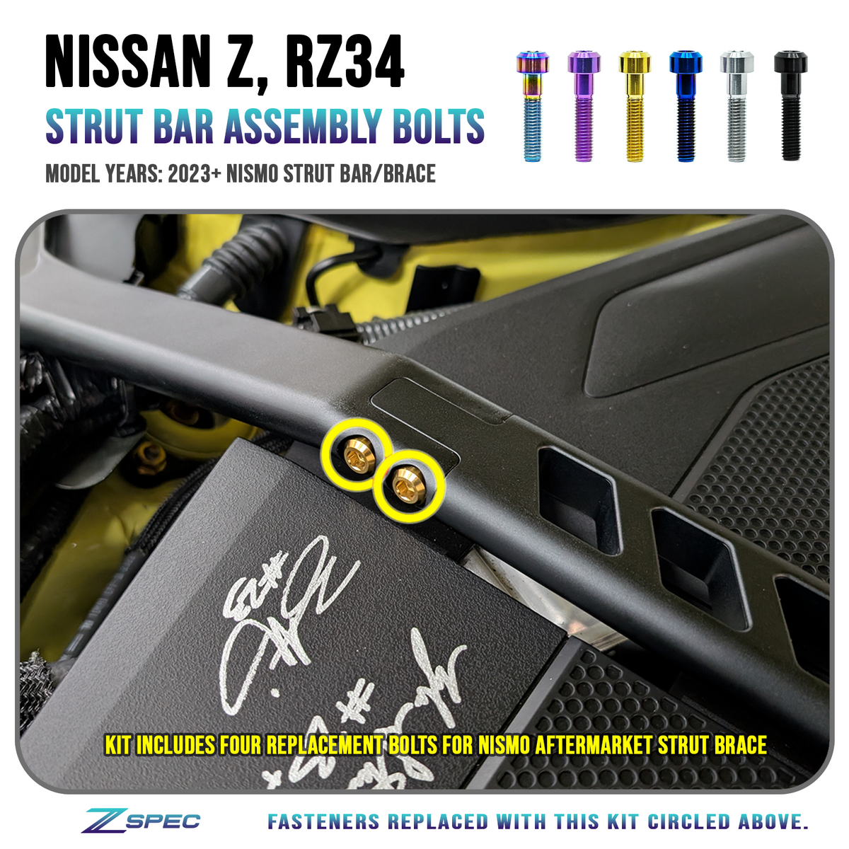 ZSPEC Titanium Fastener Kit for the NISMO Strut Bar, Replaces four OEM assembly bolts