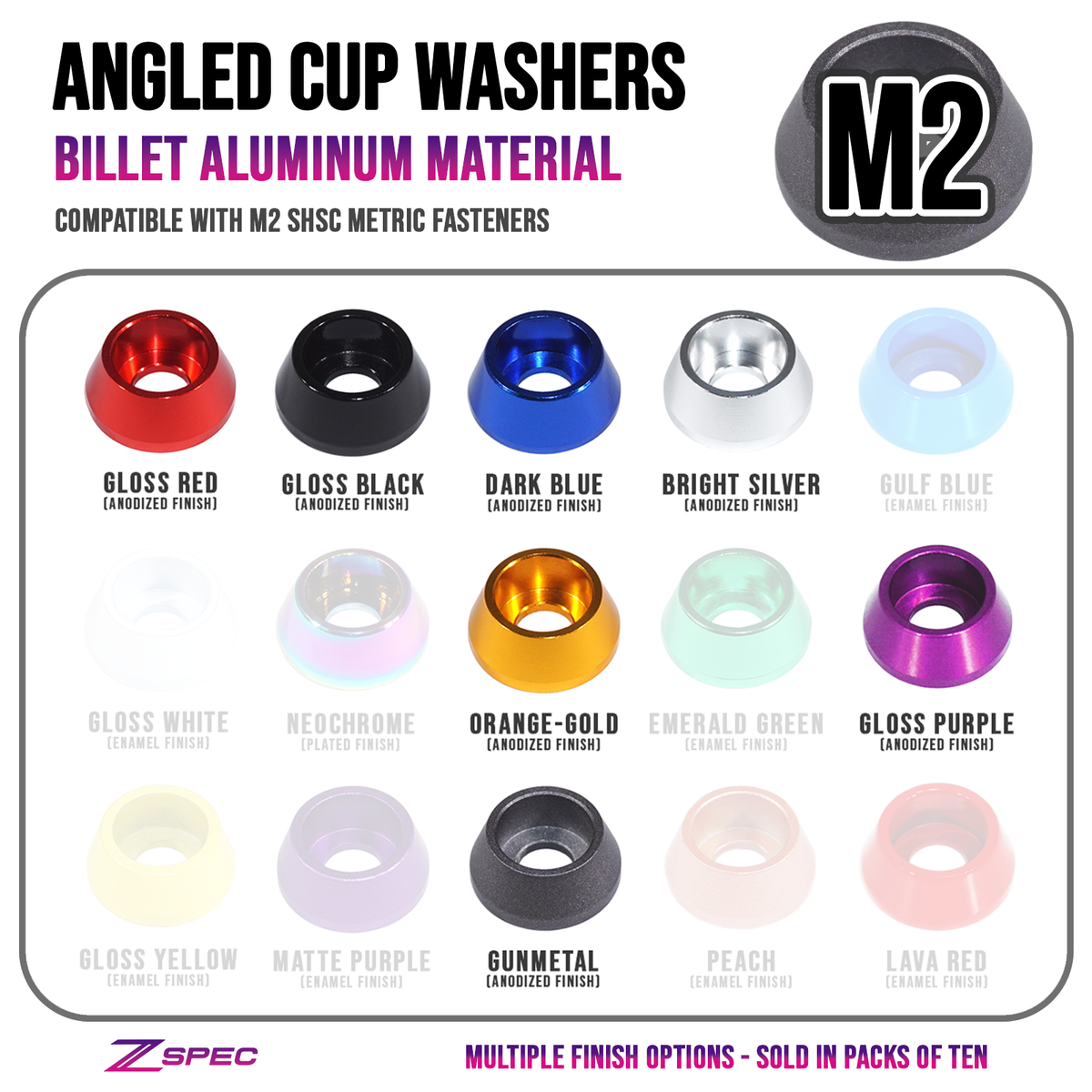 ZSPEC M2 Angled Cup Finish Washers for SHSC Socket-Cap Fasteners, 10-Pack