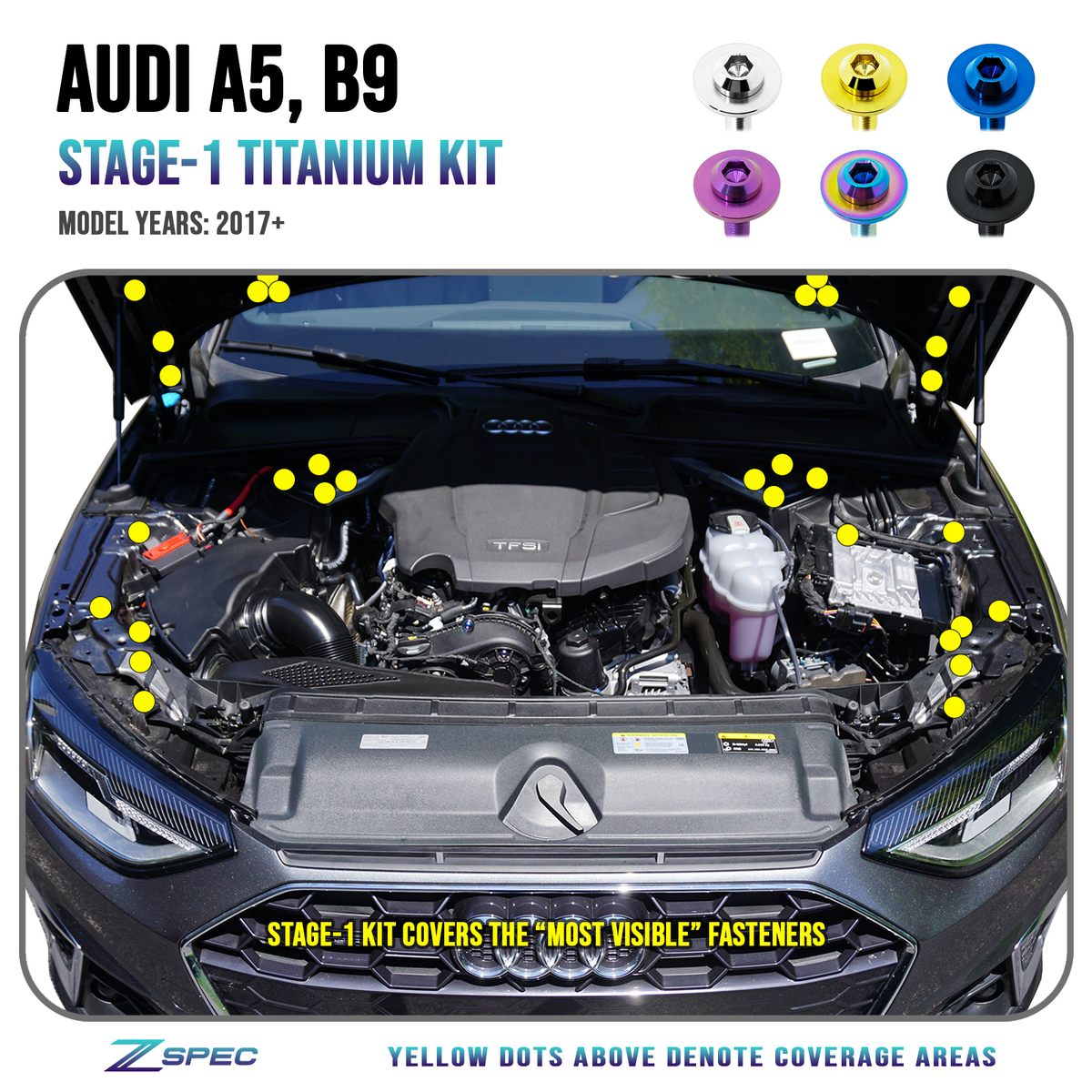 ZSPEC Stage-1 Dress Up Bolts® Fastener Kit for Audi A5 B9, Titanium
