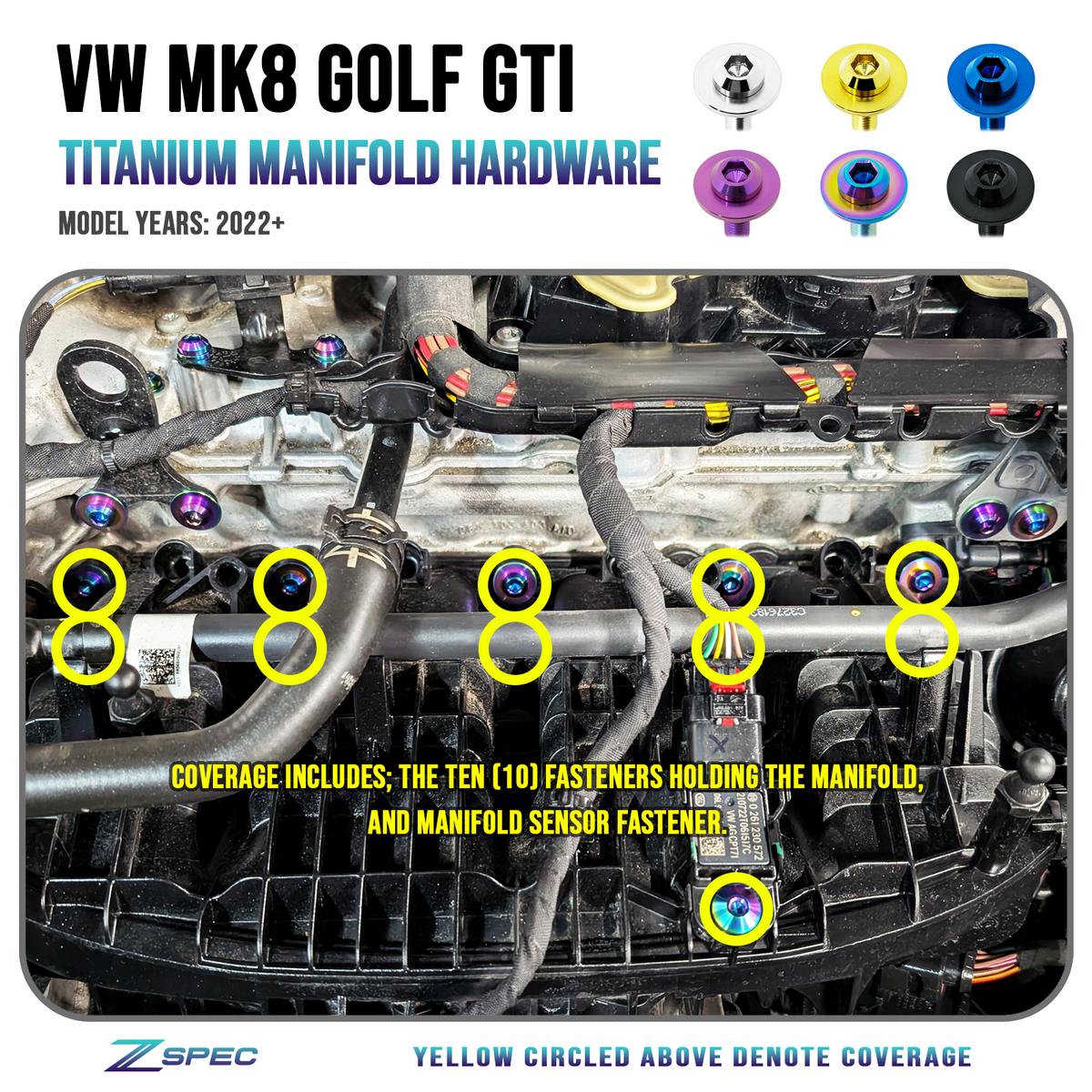 ZSPEC Titanium Manifold Dress Up Bolts Fastener Kit for '22+ VW MK8 Golf GTi