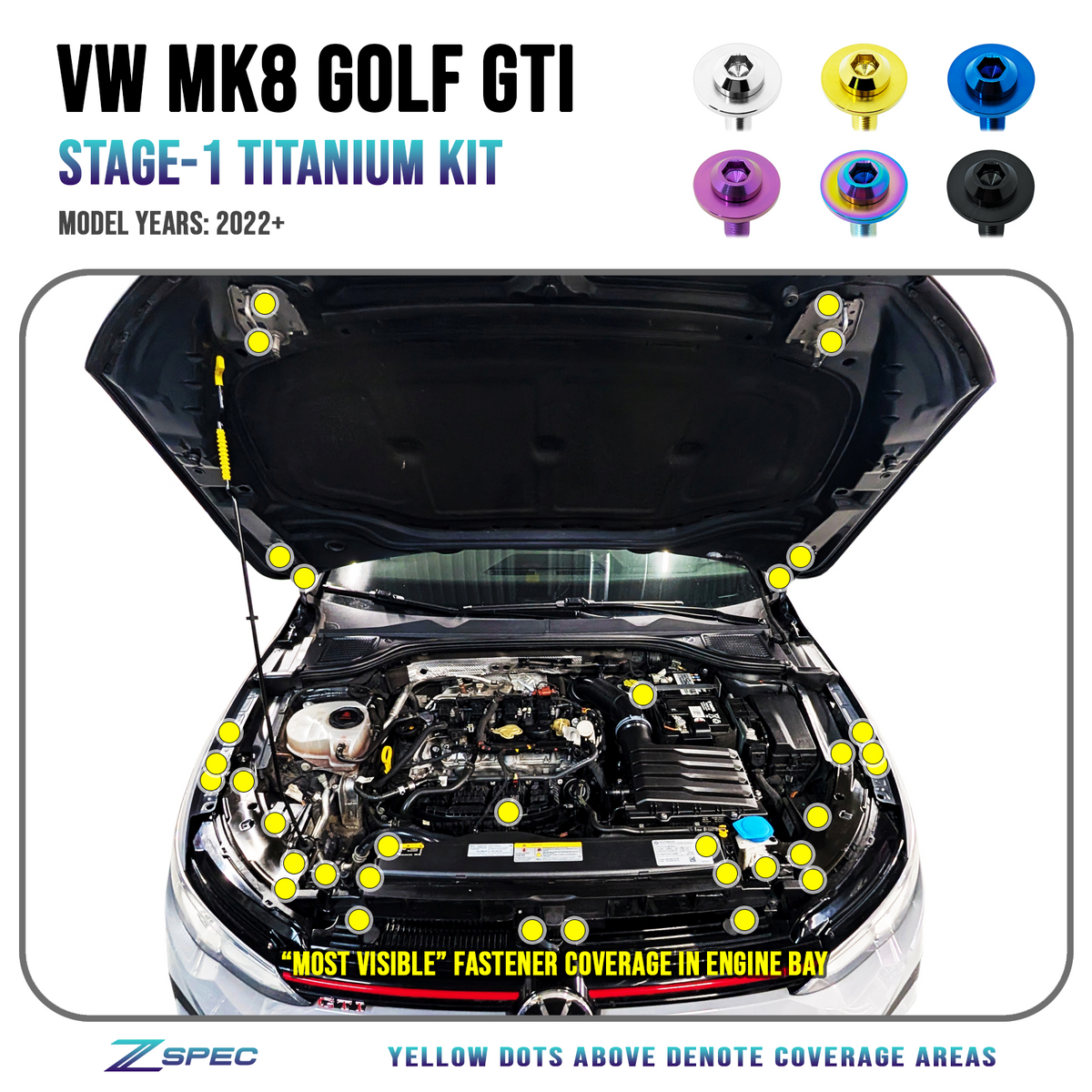ZSPEC Stage-1 Dress Up Fastener Kit for '22+ VW MK8 Golf GTi, Grade-5 Titanium
