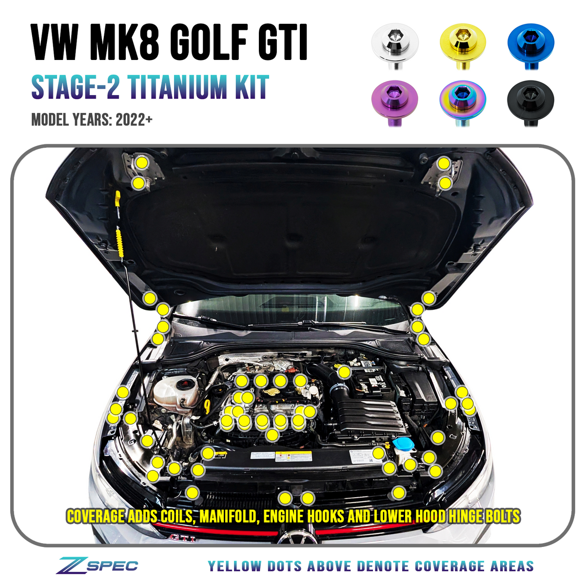 ZSPEC Stage-2 Dress Up Fastener Kit for '22+ VW MK8 Golf GTi, Grade-5 Titanium