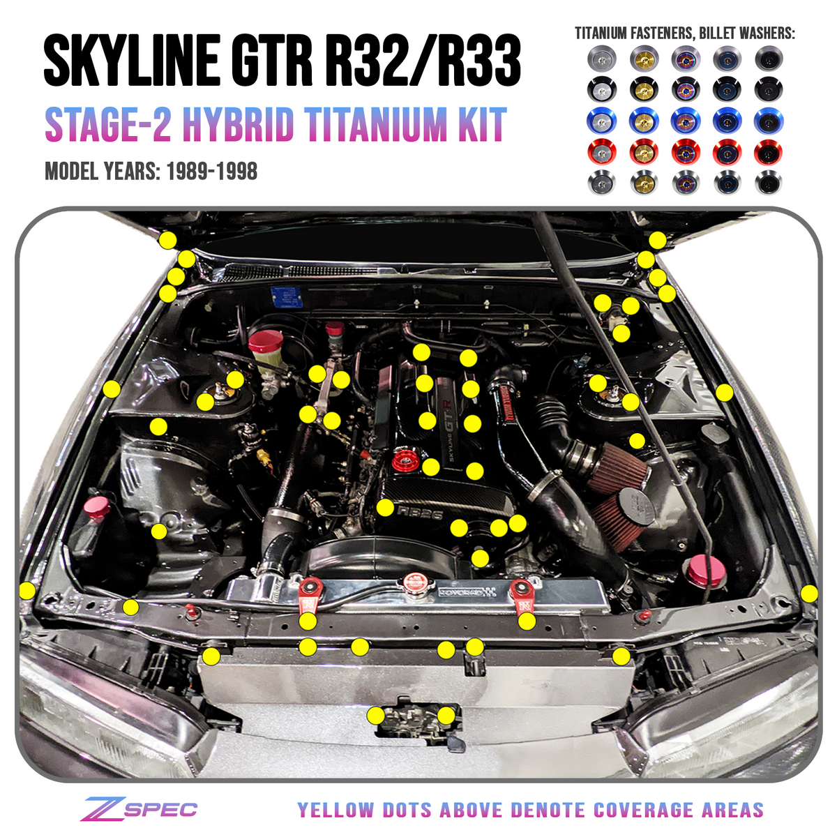 ZSPEC Stage-2 Dress Up Bolts® Kit for Skyline GTR/GT-R R32/R33,Titanium & Billet